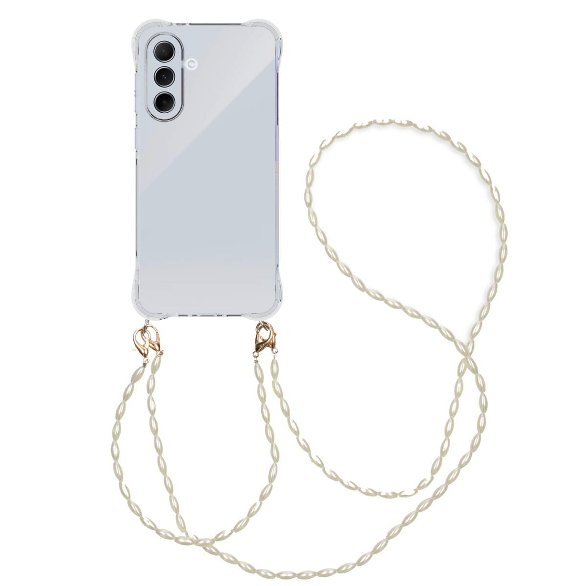 Een transparante telefoonhoes met een parelkettingriem. De telefoon heeft een drievoudige camera.