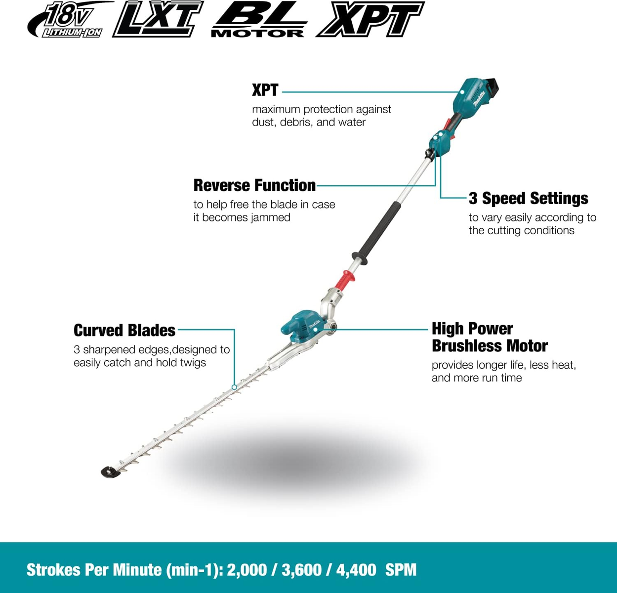 Zielono-czarny nożyce do żywopłotu z opisem tekstowym. Ma zakrzywione ostrza.