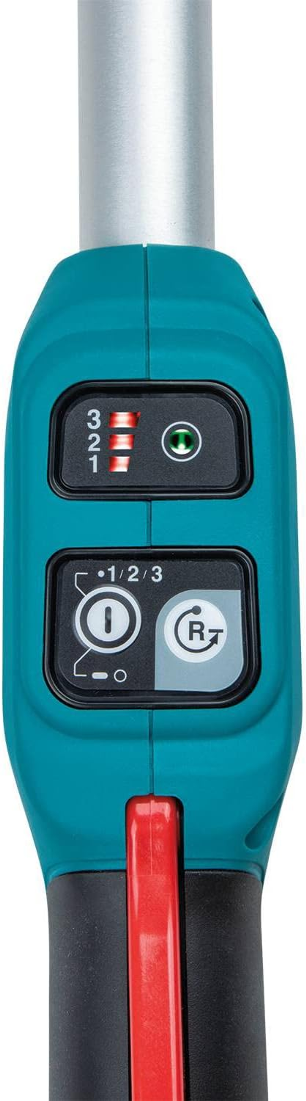 Zbliżenie turkusowo-czarnego uchwytu narzędzia z przyciskami i czerwonym przyciskiem.