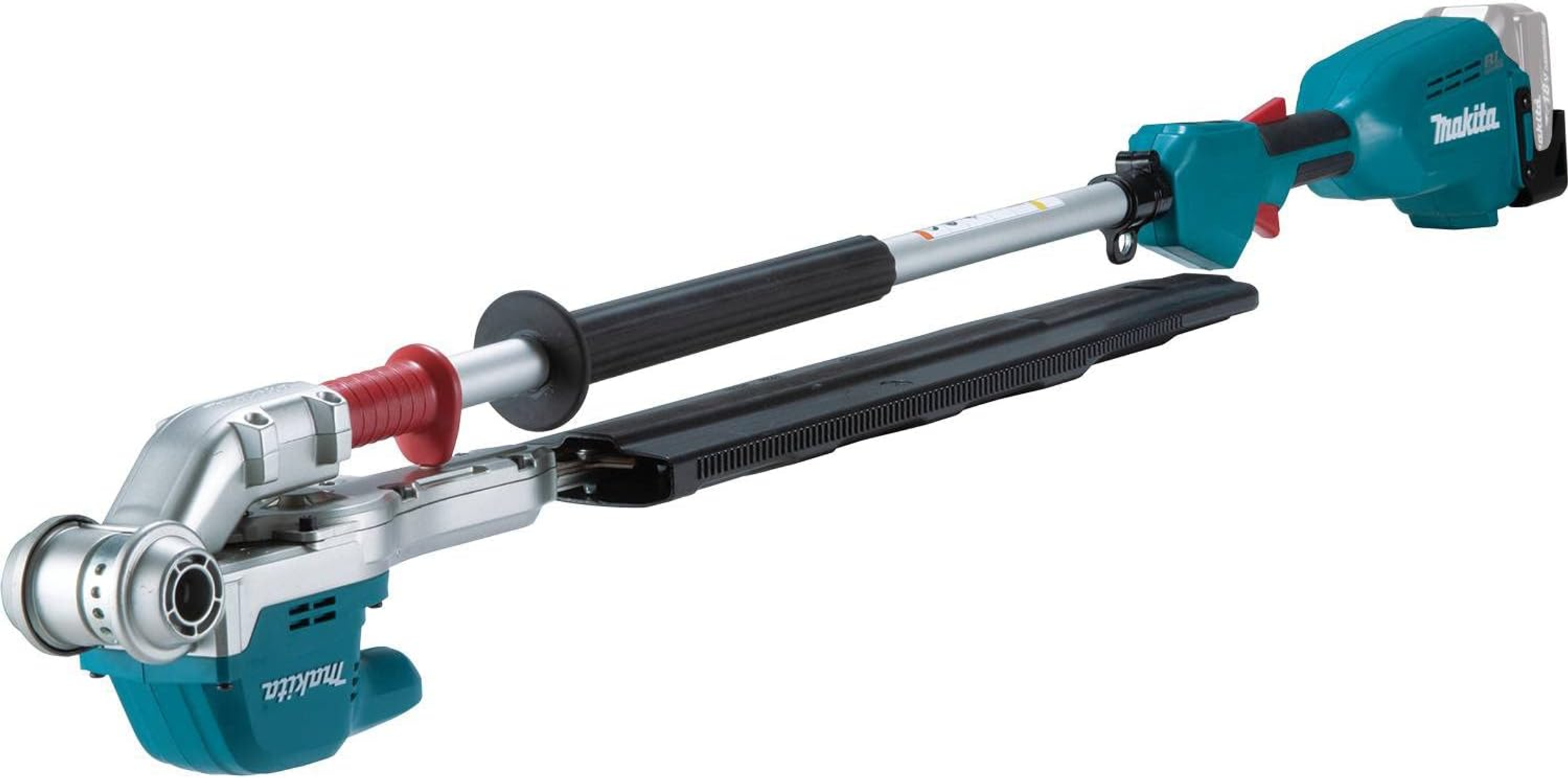 Niebiesko-srebrna nożyce do żywopłotu Makita z czarnym uchwytem i akumulatorem. Trymer jest wysunięty.