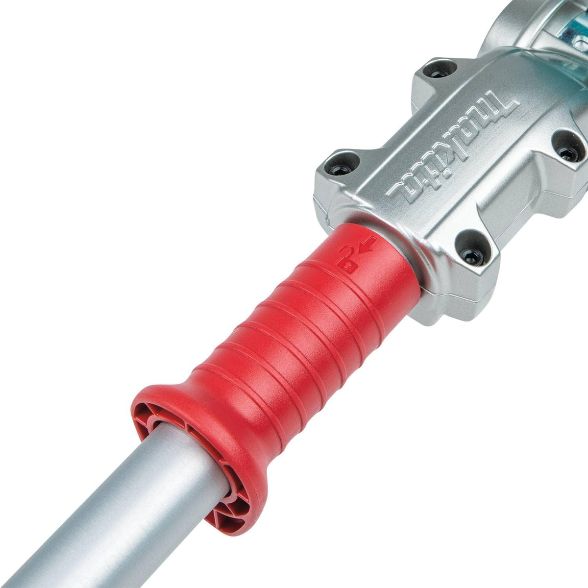 Czerwony uchwyt narzędzia, ze srebrną metalową częścią. Ujęcie z bliska, białe tło.