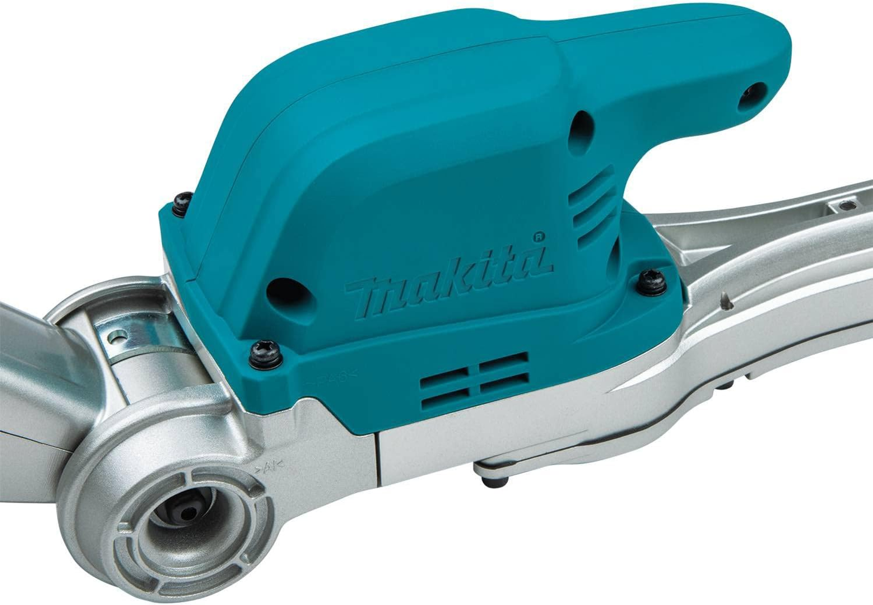Zbliżenie narzędzia w kolorze turkusowym z widocznym logo Makita. Narzędzie ma srebrną podstawę.