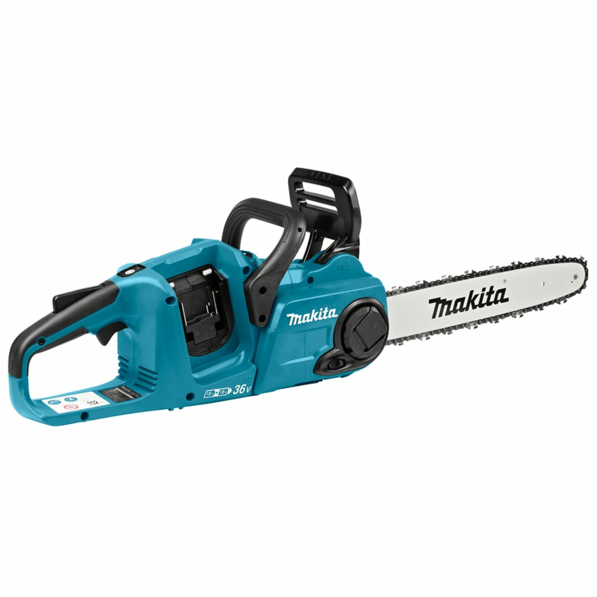 Niebiesko-czarna piła łańcuchowa Makita, ze srebrnym ostrzem, na białym tle.