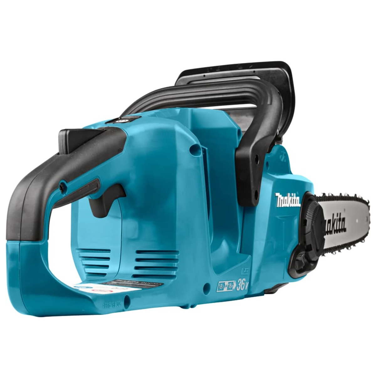 Niebiesko-czarna piła łańcuchowa z czarnym uchwytem. Ma białe tło.