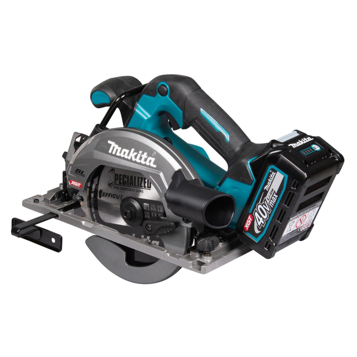 Eine kabellose Makita-Kreissäge mit silberner Klinge und teal-schwarzem Griff.