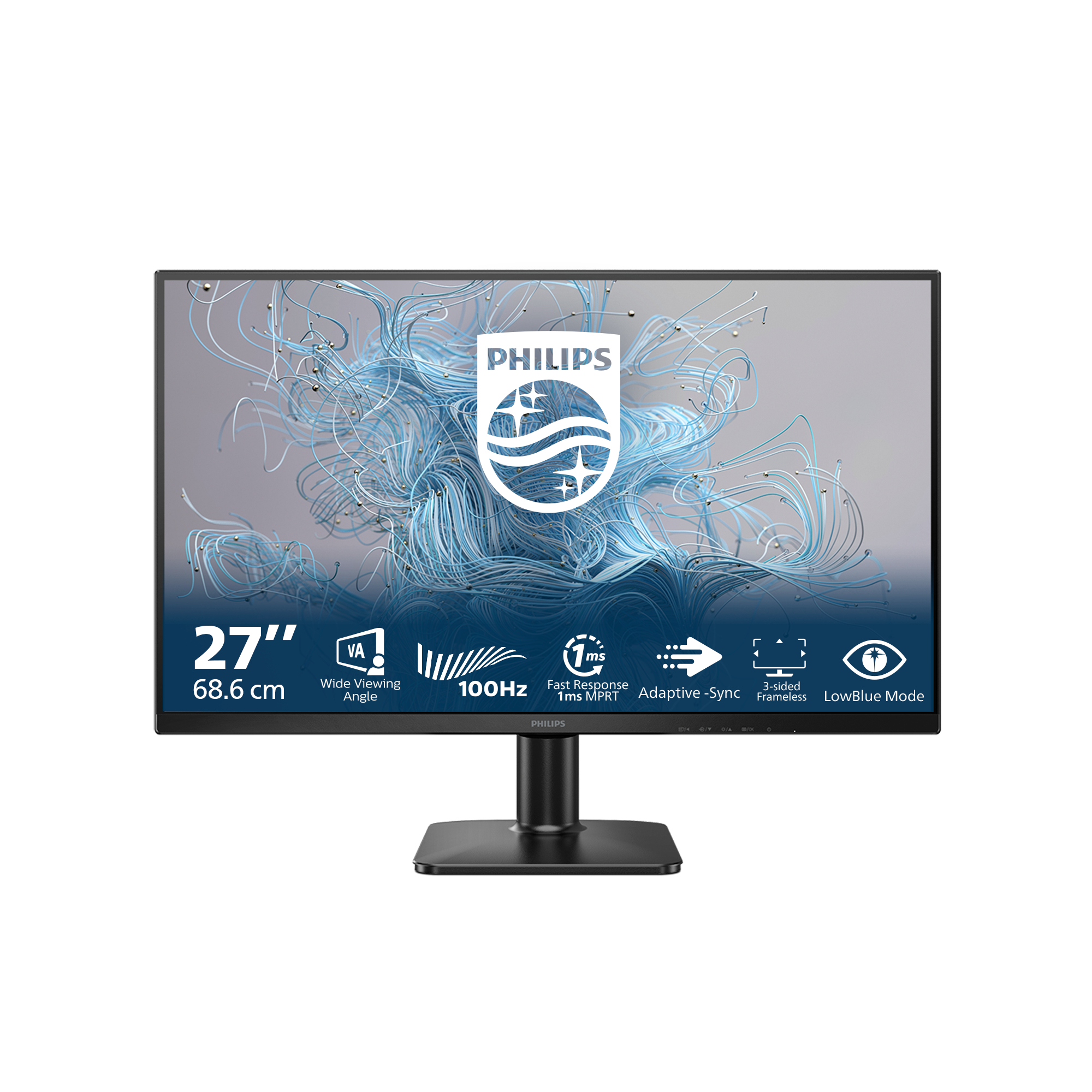 Monitor Philips 27" z detalami tekstowymi i podstawą, wyświetlający jasnoniebieskie, abstrakcyjne tło.