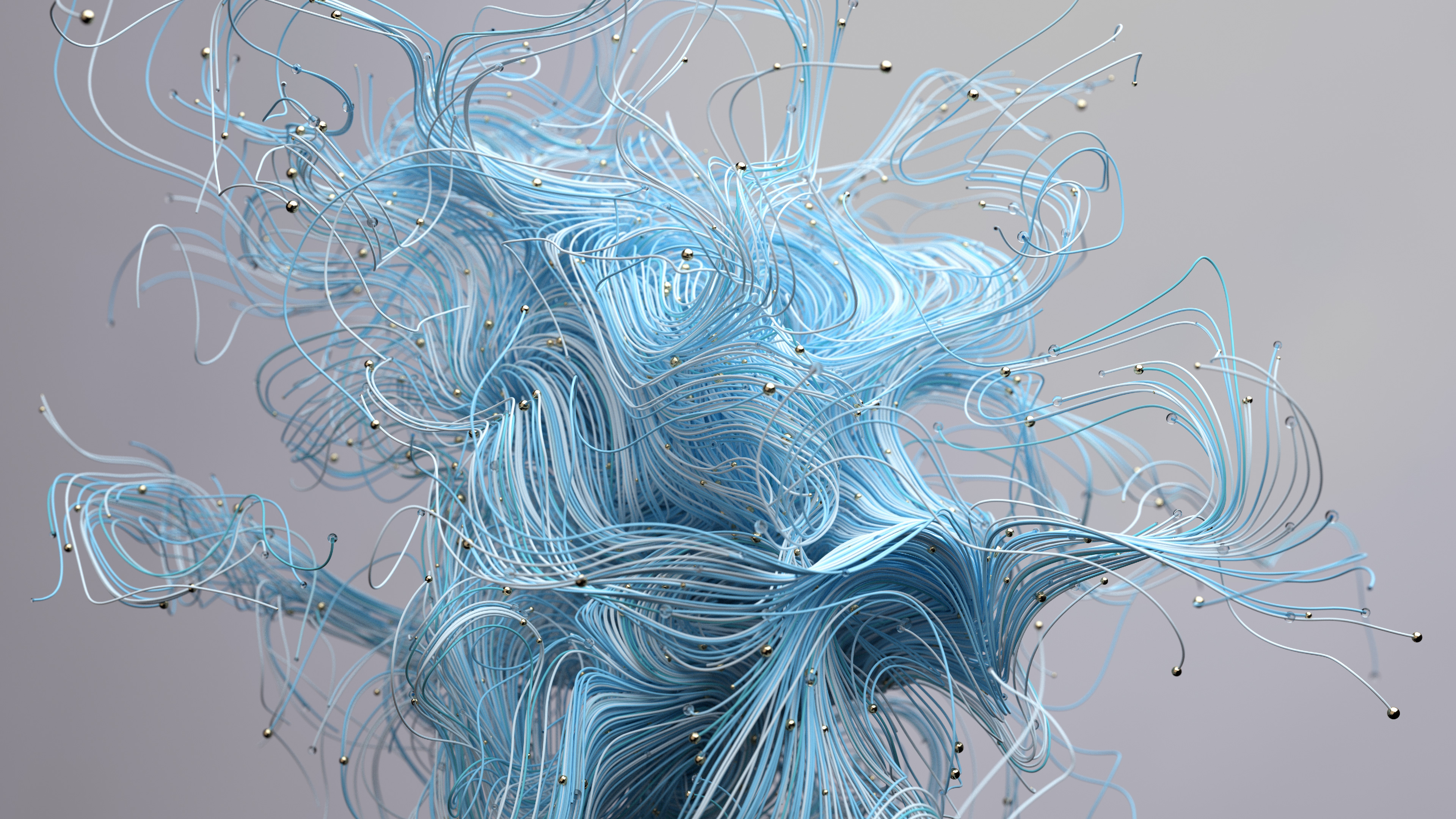 Abstrakcyjny obraz niebieskich i białych linii ze złotymi kulami, wirujący wzór.