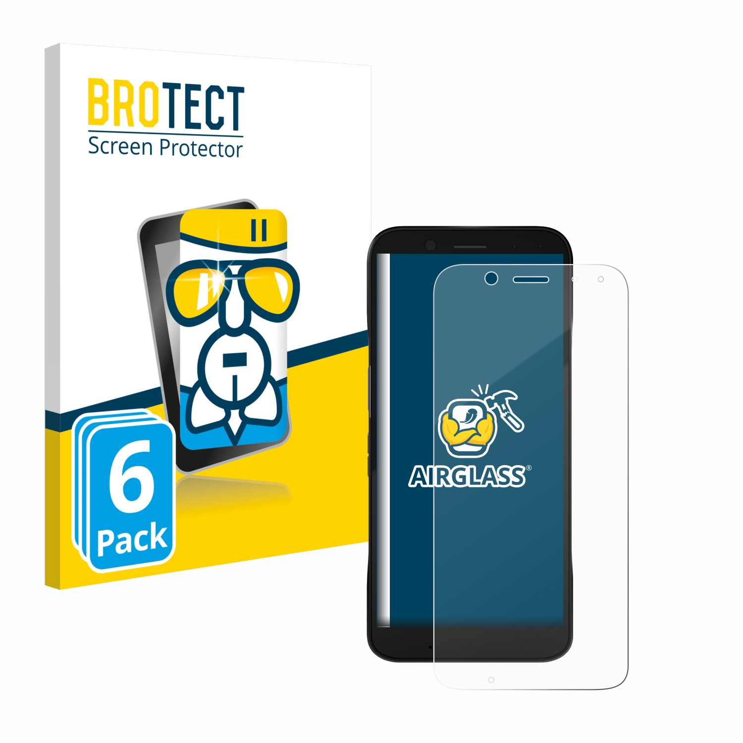 Schachtel mit Telefon und Displayschutz. Das Telefon ist schwarz und der Schutz ist angebracht.