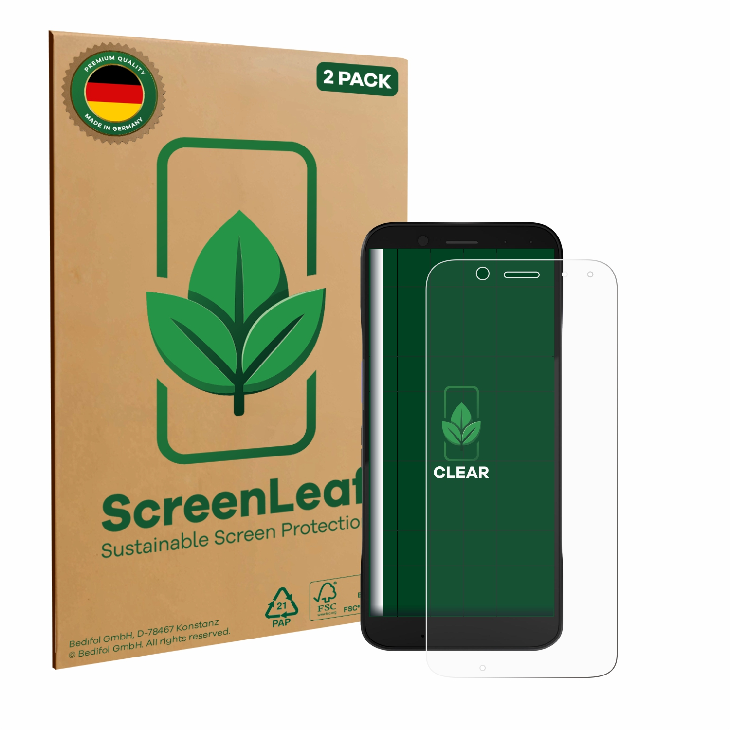 ScreenLeaf Displayschutzfolien-Verpackung und ein Handy mit Displayschutzfolie.