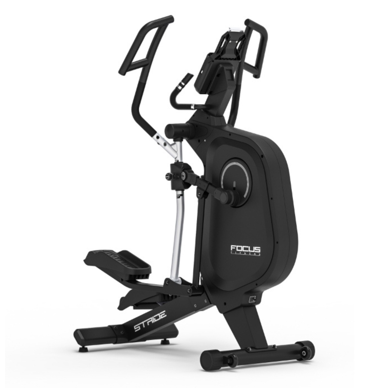 Vélo elliptique noir, avec logo Focus Fitness, sur fond blanc.