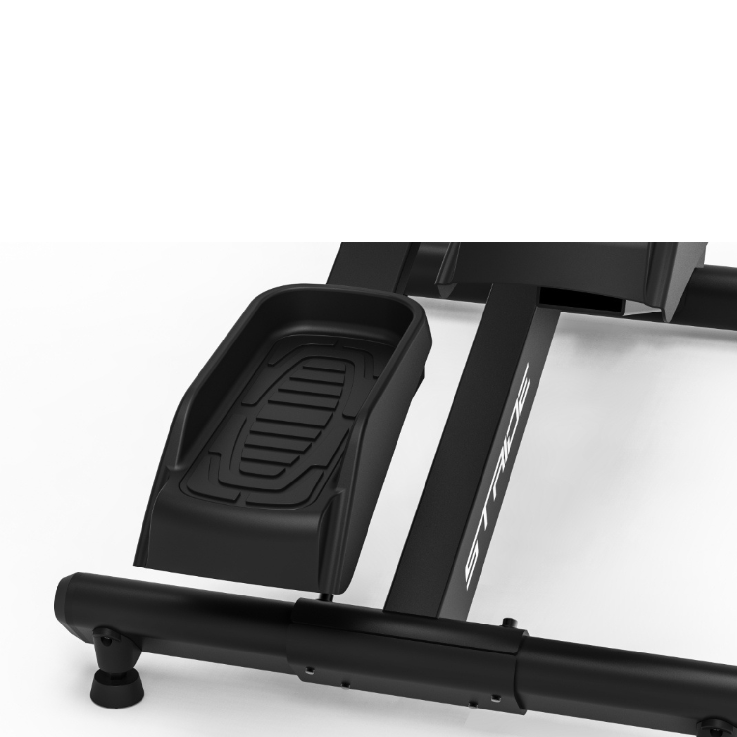 Repose-pieds noir d'appareil elliptique avec une surface texturée et des poutres de support noires.