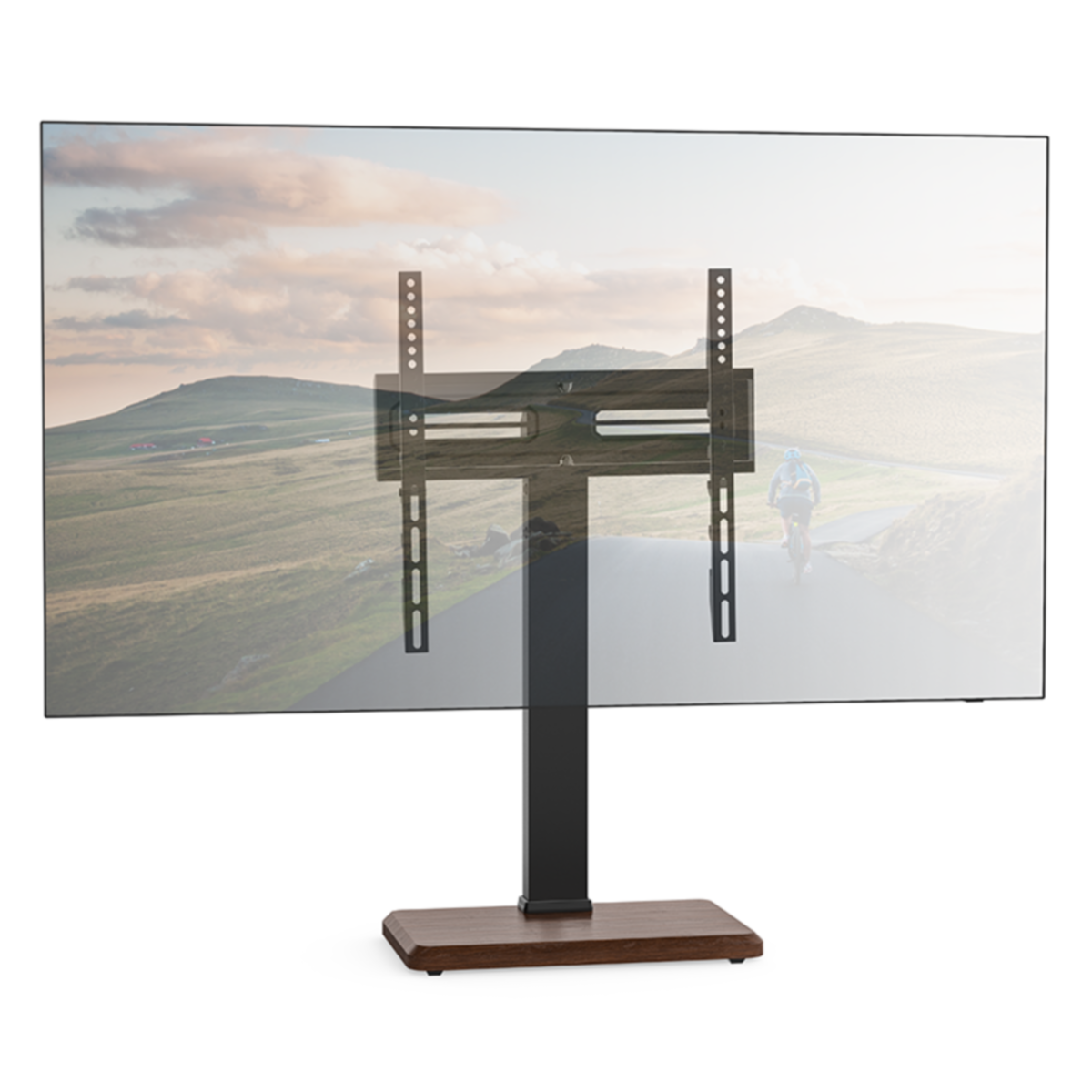 TV stand with a TV. The TV shows a landscape.