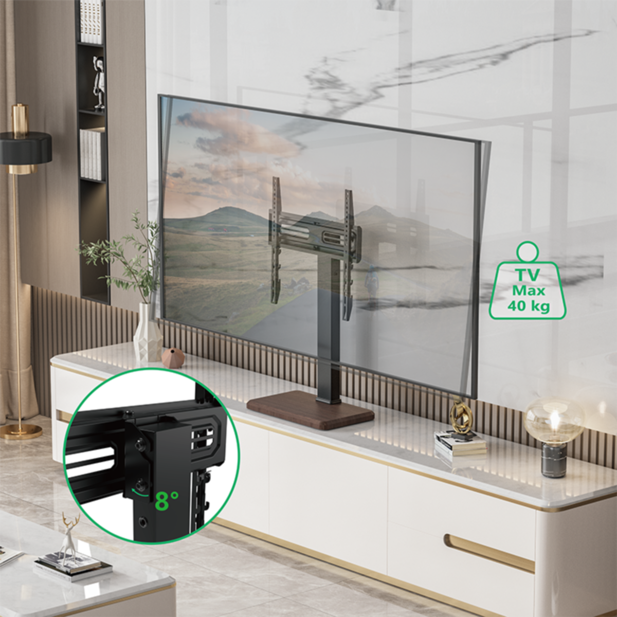 A TV stand with a TV on it. The stand is brown and black. The TV is on a white cabinet.