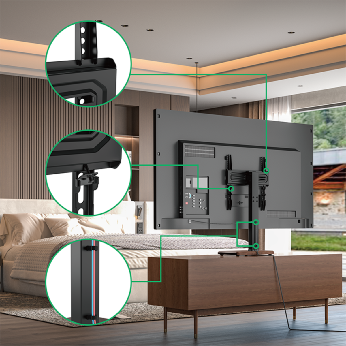 TV mounted on stand. Interior with bed and sofa. Details are highlighted with lines.