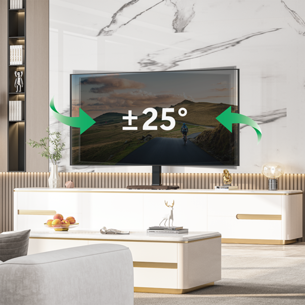 TV on a white cabinet, with turn indicators. Marble background and sofa on the left.
