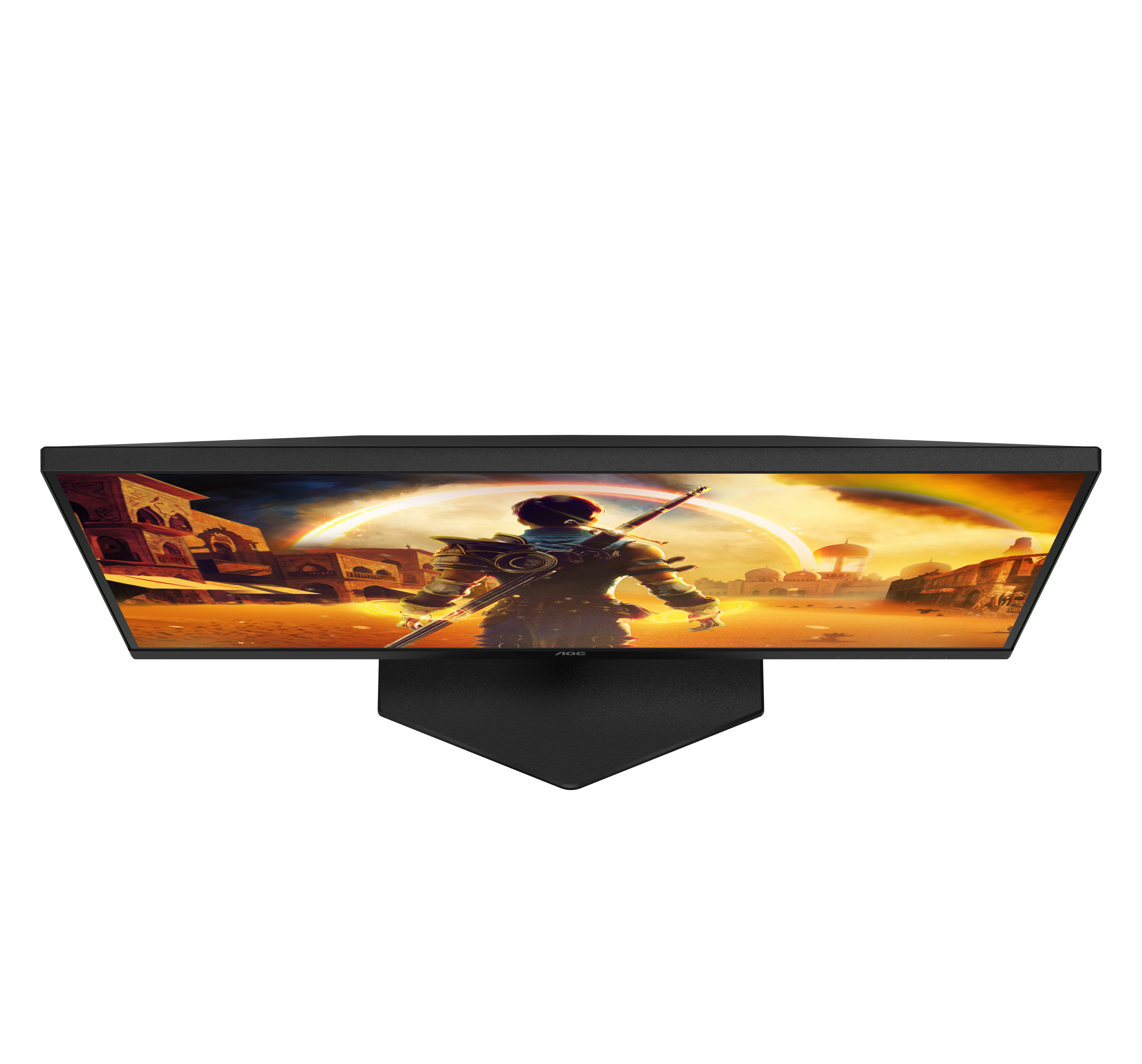 Widok z góry na monitorze pokazujący pustynną scenerię z wojownikiem.