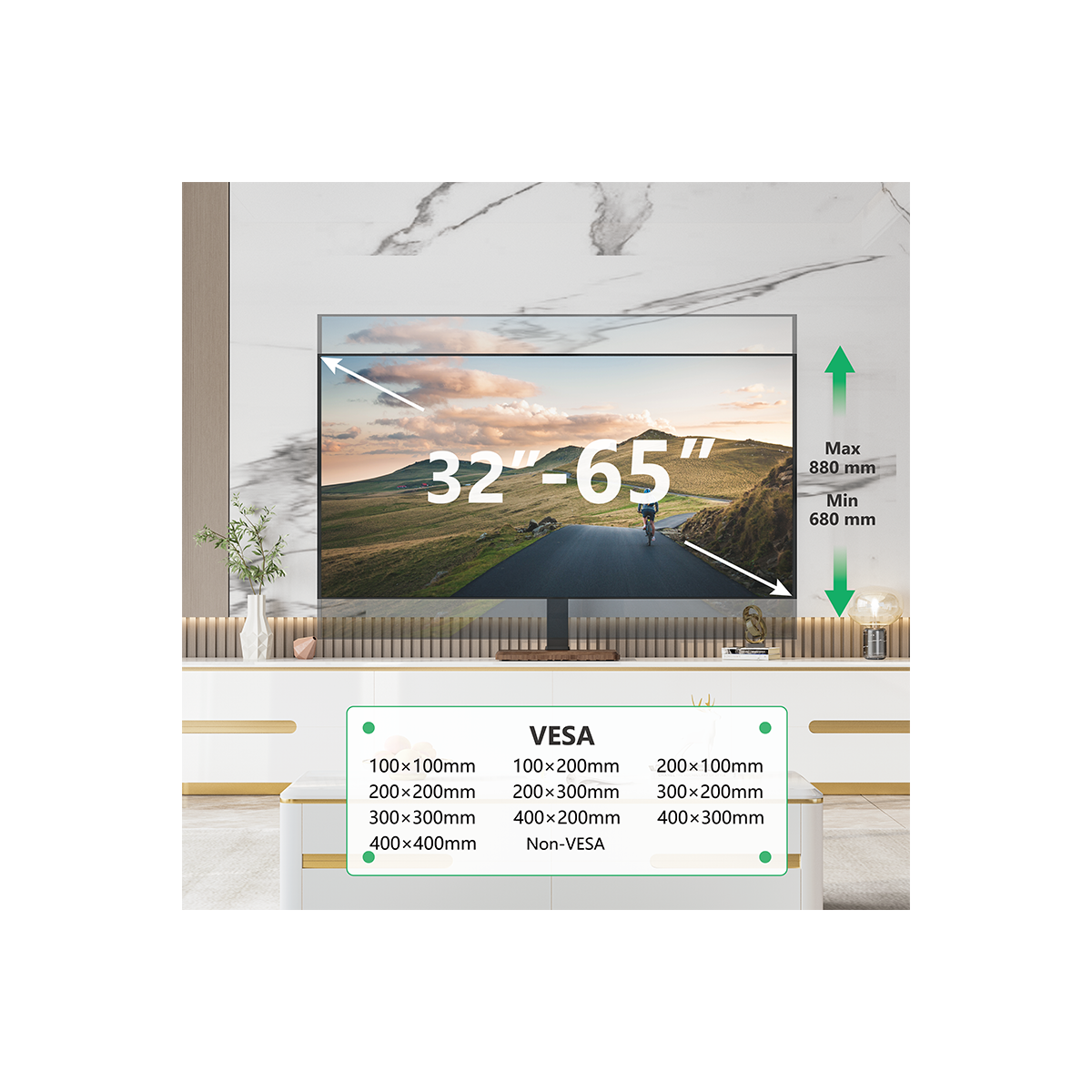 TV display with size details, mounted on a white cabinet in a room.