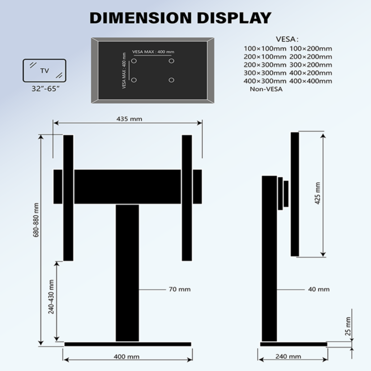 Diagramme montrant un support TV avec des dimensions, y compris la hauteur, la largeur et les mesures VESA.