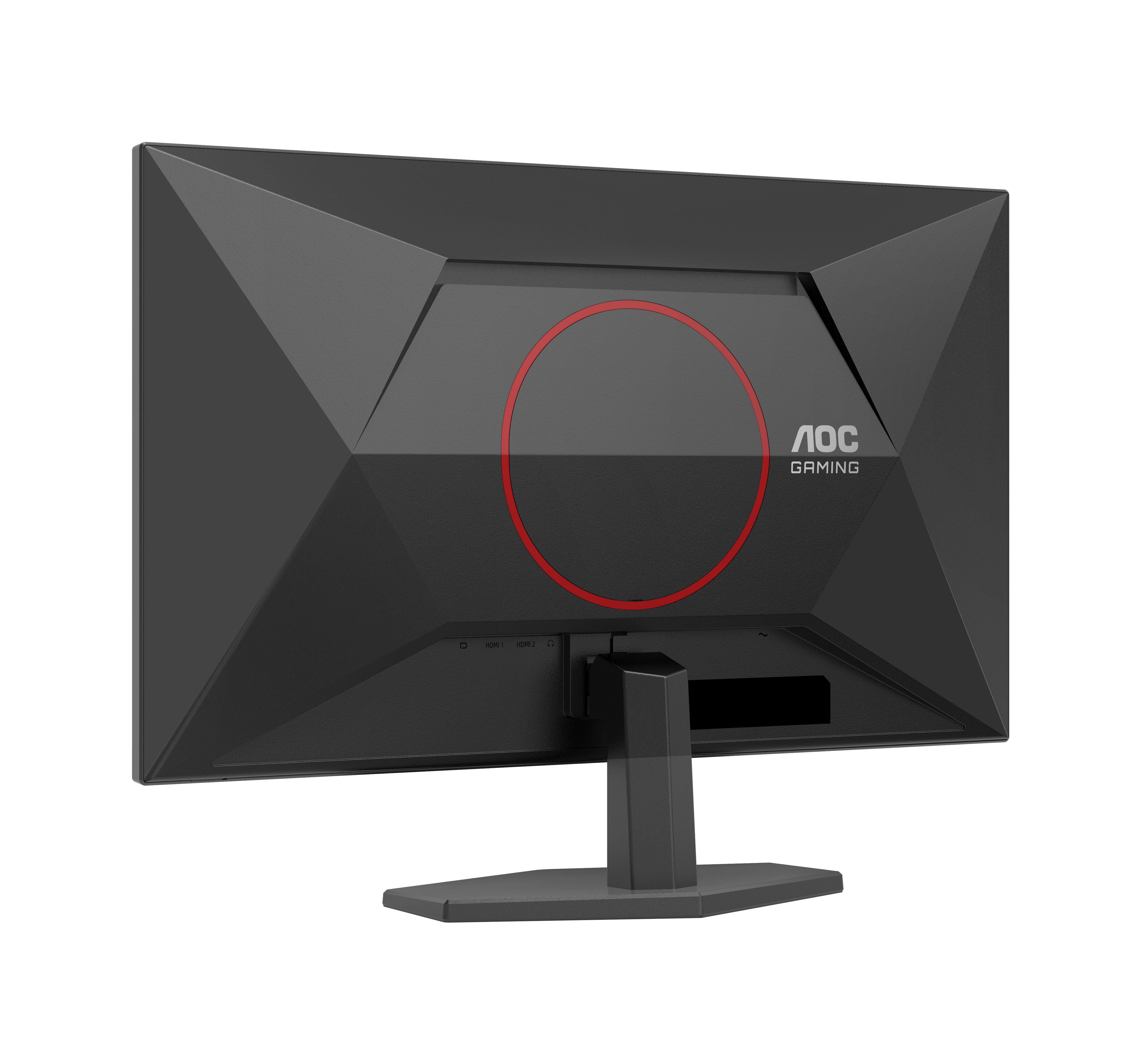 Czarny monitor do gier AOC, widok z tyłu, z czerwonym okręgiem i logo AOC Gaming.