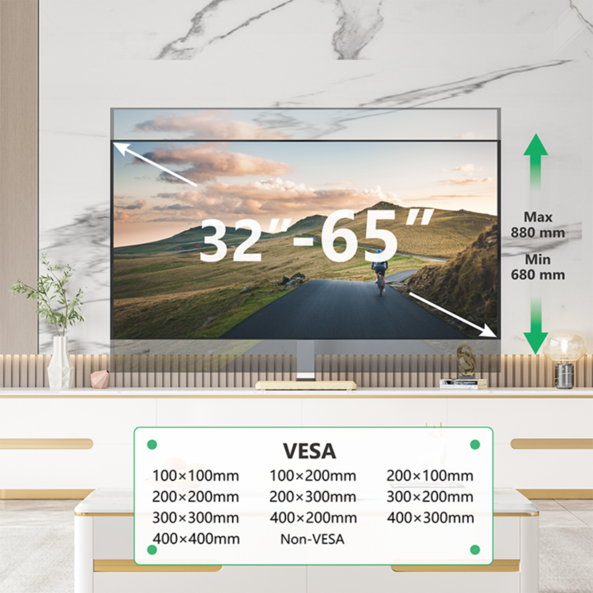 Tv-scherm met een weg- en berglandschap. VESA-maattabel onder het scherm.
