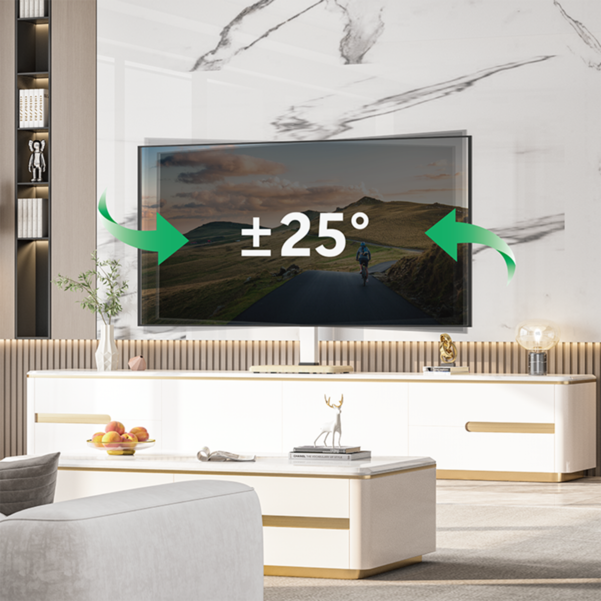 Tv op een kast, groene pijlen wijzen naar de zijkanten, met het getal '+25°'.