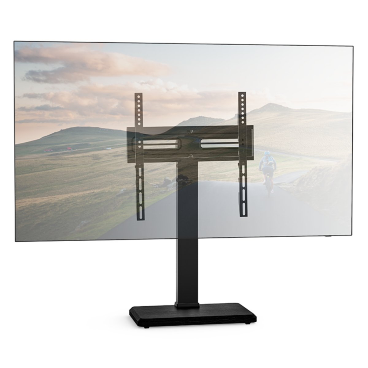 Een zwarte tv-standaard met een tv-beugel en een tv. De achtergrond is wazig.