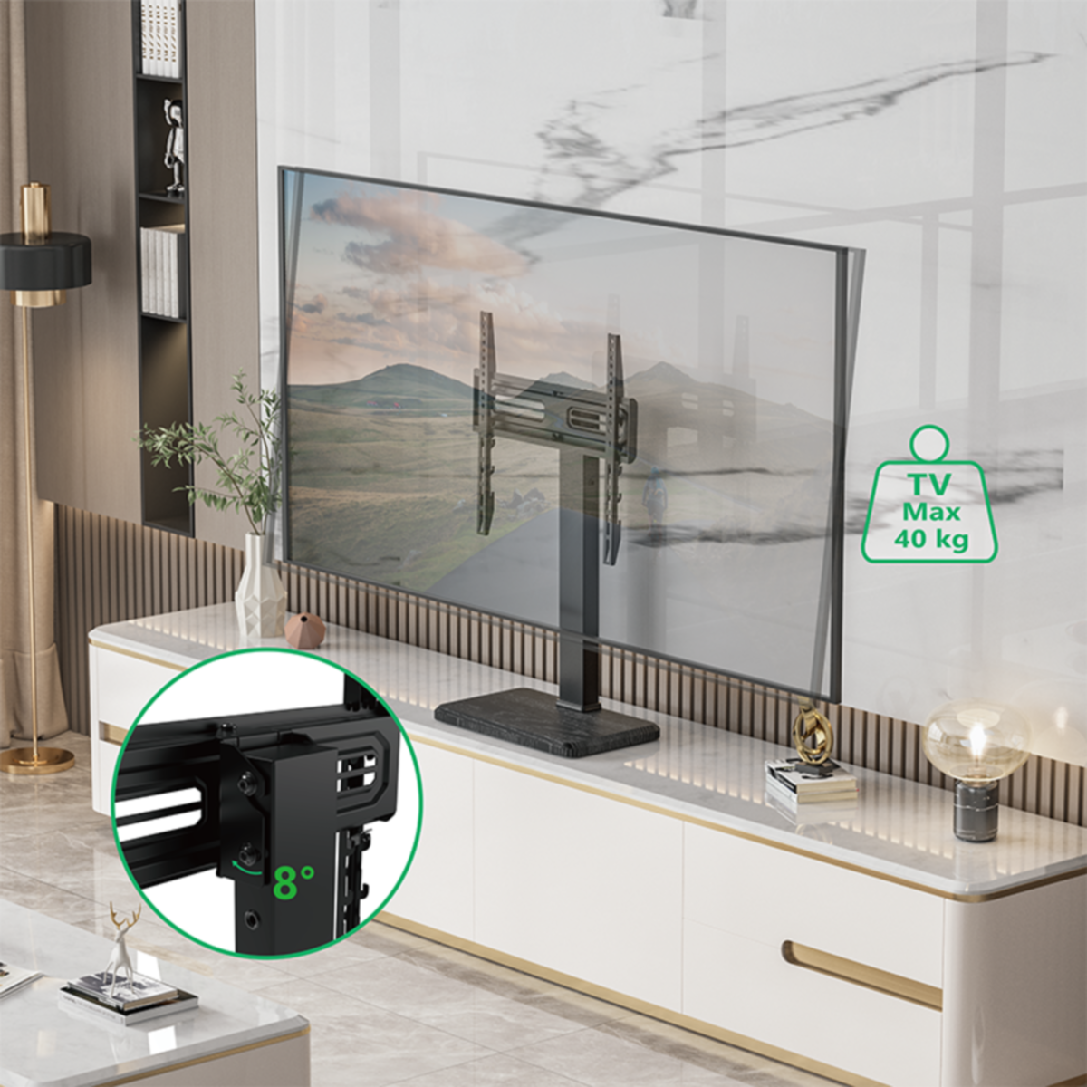 Tv op standaard. Witte kast eronder. Detail van de houder toont een hoek van 8 graden.