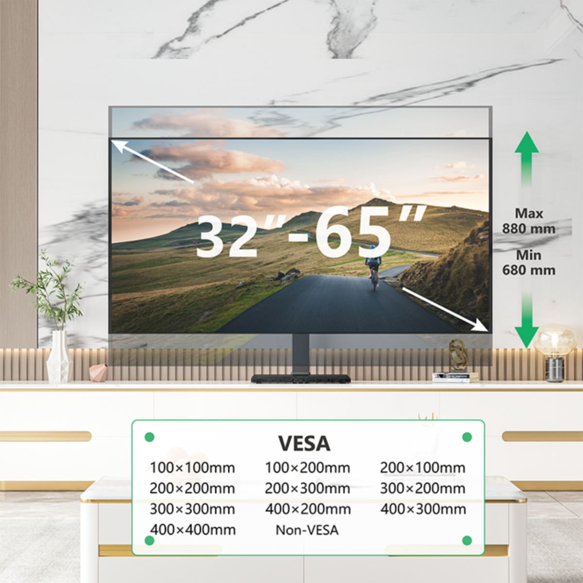 Grootbeeld-tv met landschapsafbeelding, VESA-tabel hieronder. Groene pijl geeft afmetingen aan.