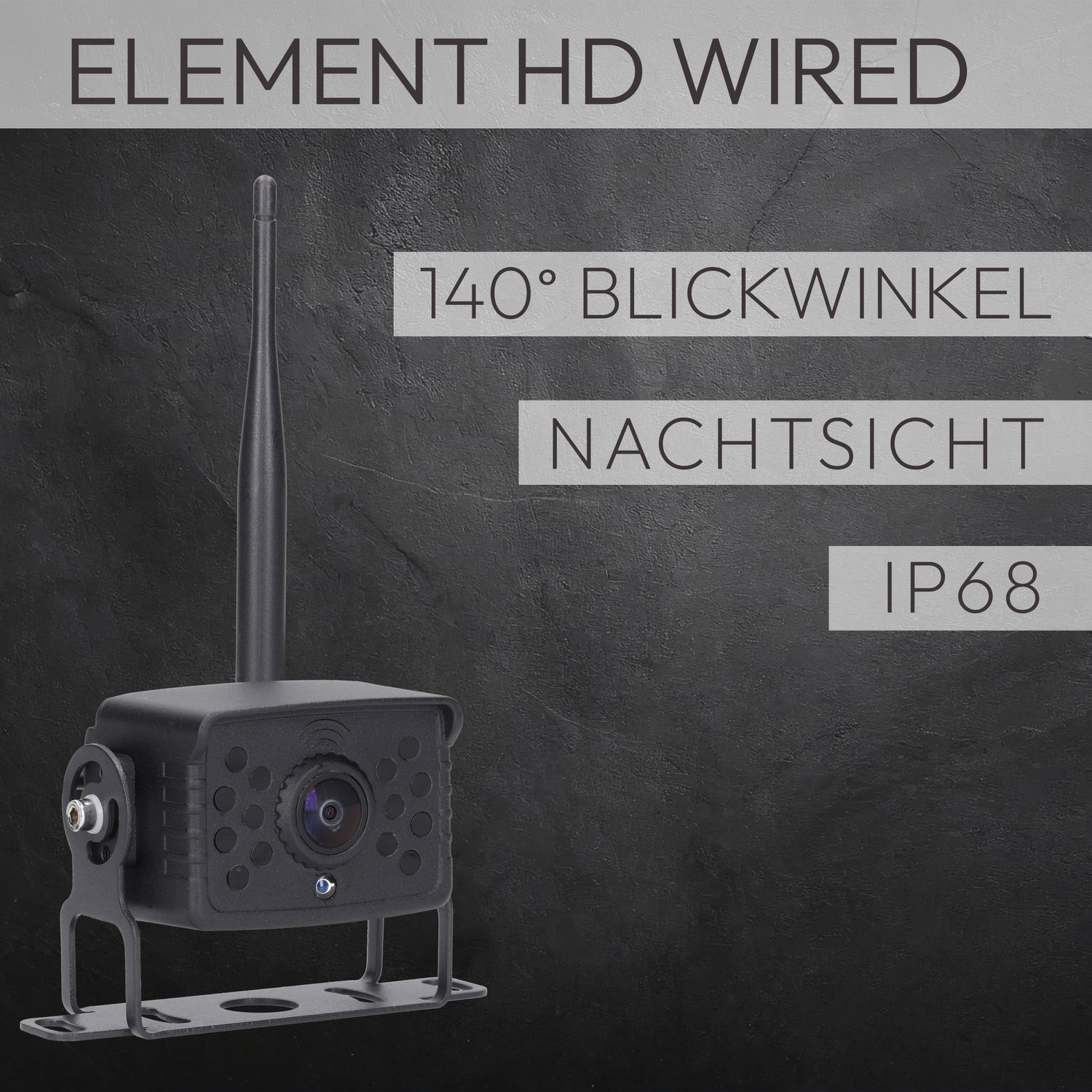 Schwarze Überwachungskamera mit Antenne. Text auf dem Bild: 140-Grad-Blickwinkel, Nachtsicht, IP68.