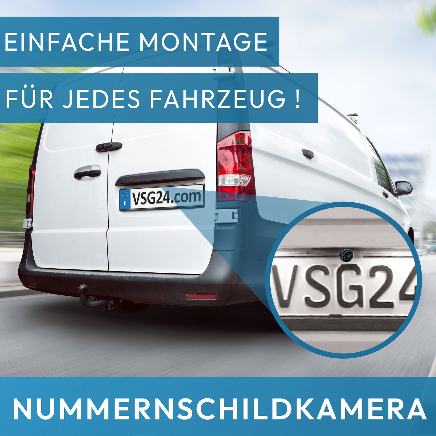 Ein weisser Transporter parkt auf einer Strasse mit der Kennzeichenkamera im Nahkreis, Text darüber.