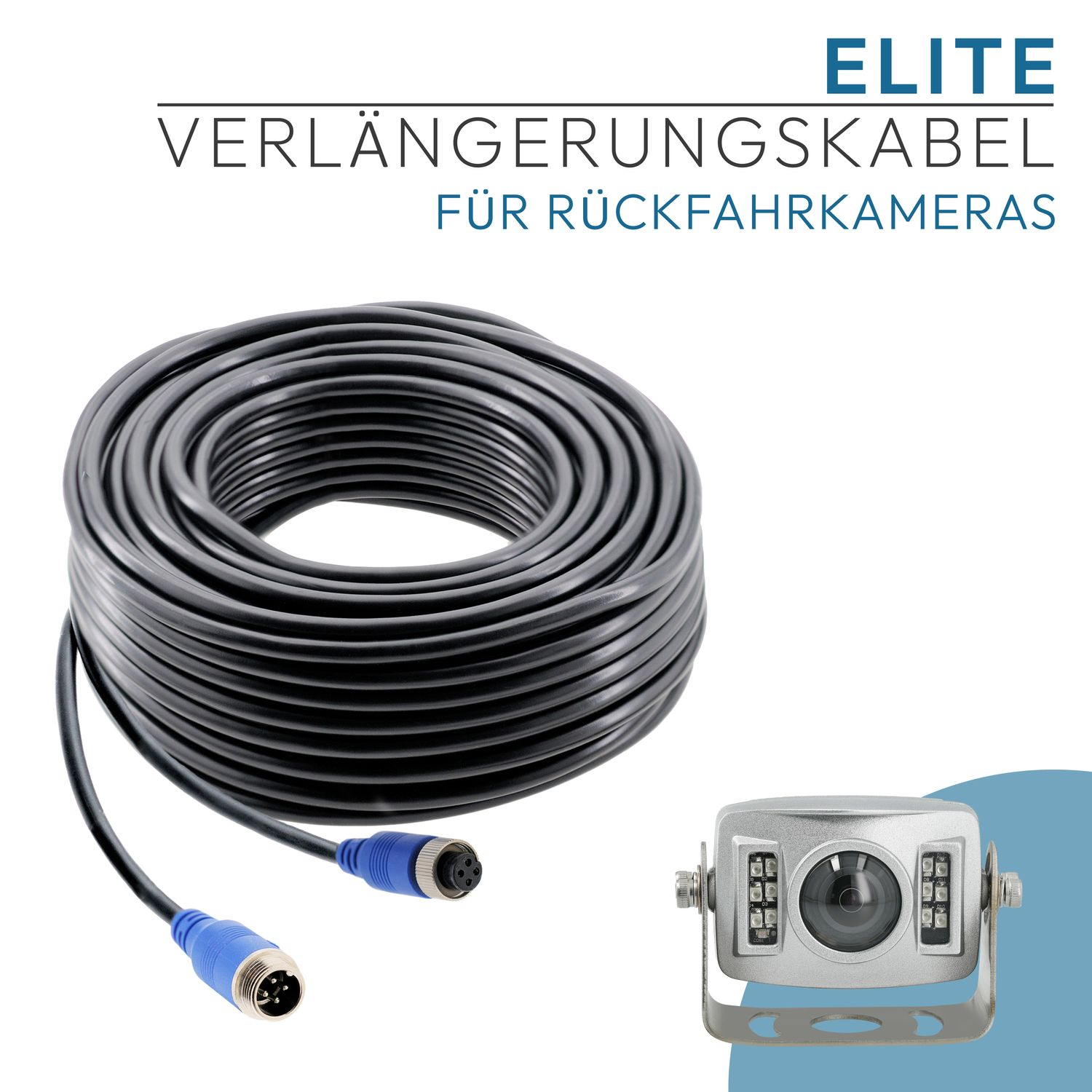 Schwarzes Kabel, mit blauen Steckern, und eine silberne Rückfahrkamera. Text: 'ELITE VERLÄNGERUNGSKABEL FÜR RÜCKFAHRKAMERAS'.