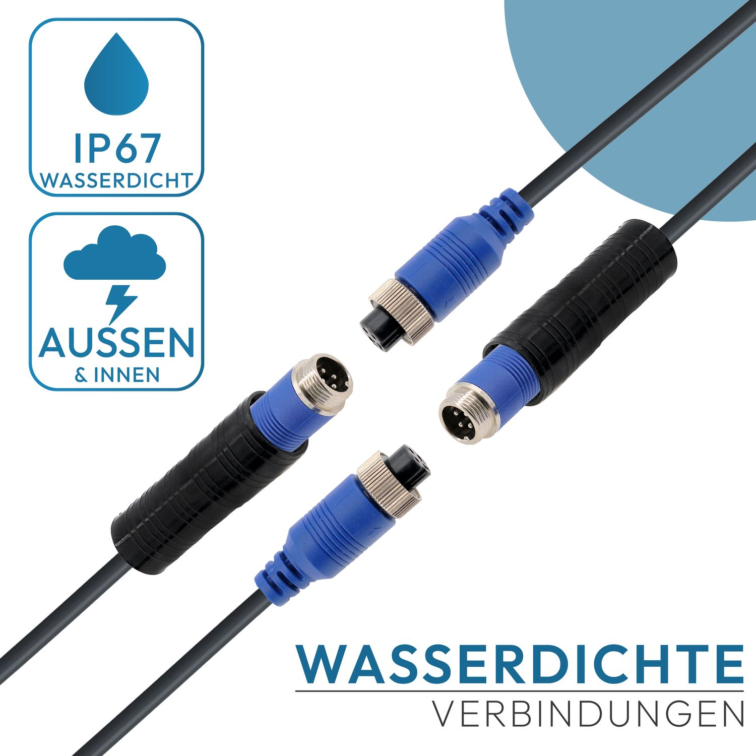 Vier wasserdichte Stecker, jeder mit unterschiedlichem Ende. Schwarzes Kabel und blauer Stecker.