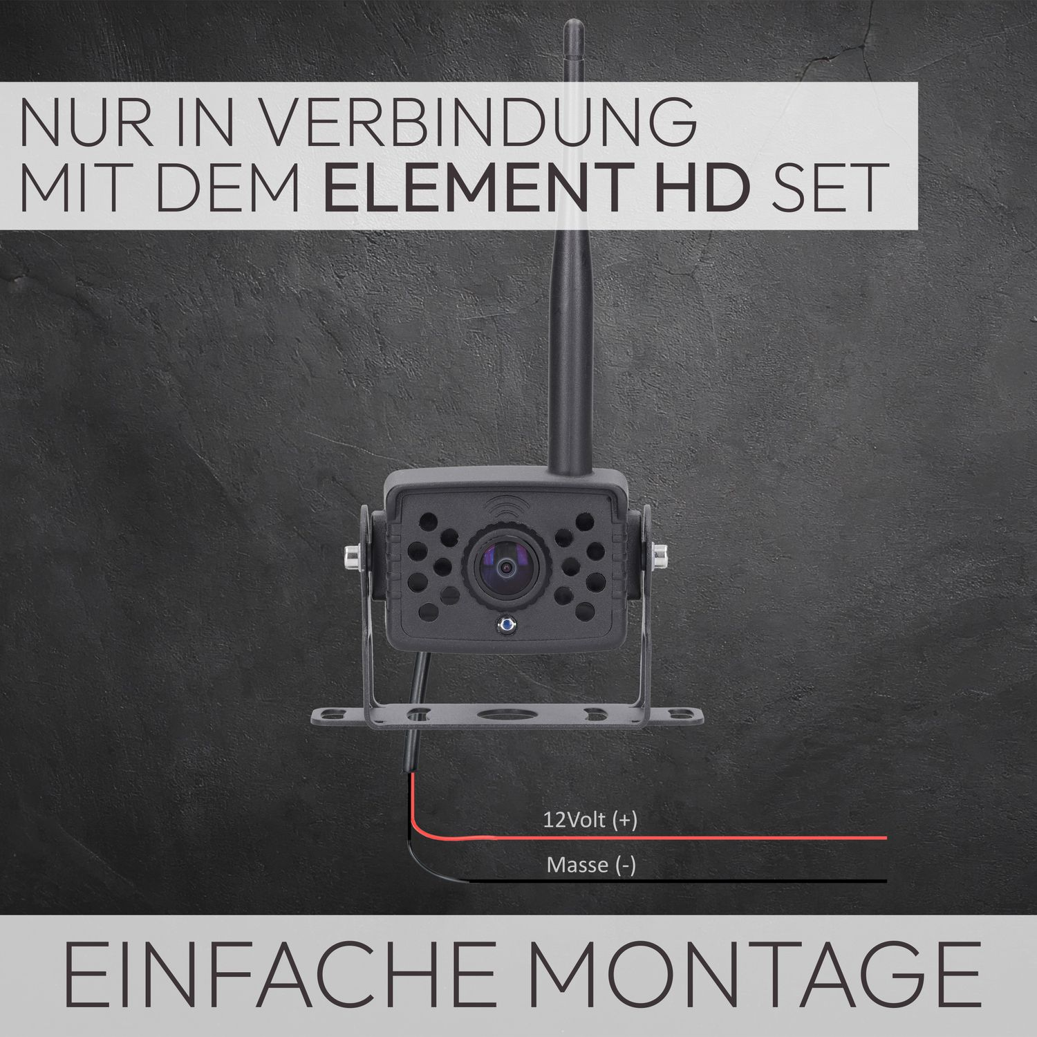 Überwachungskamera mit Kabeln und Text. Text sagt Einfache Montage. Schwarzer Hintergrund.