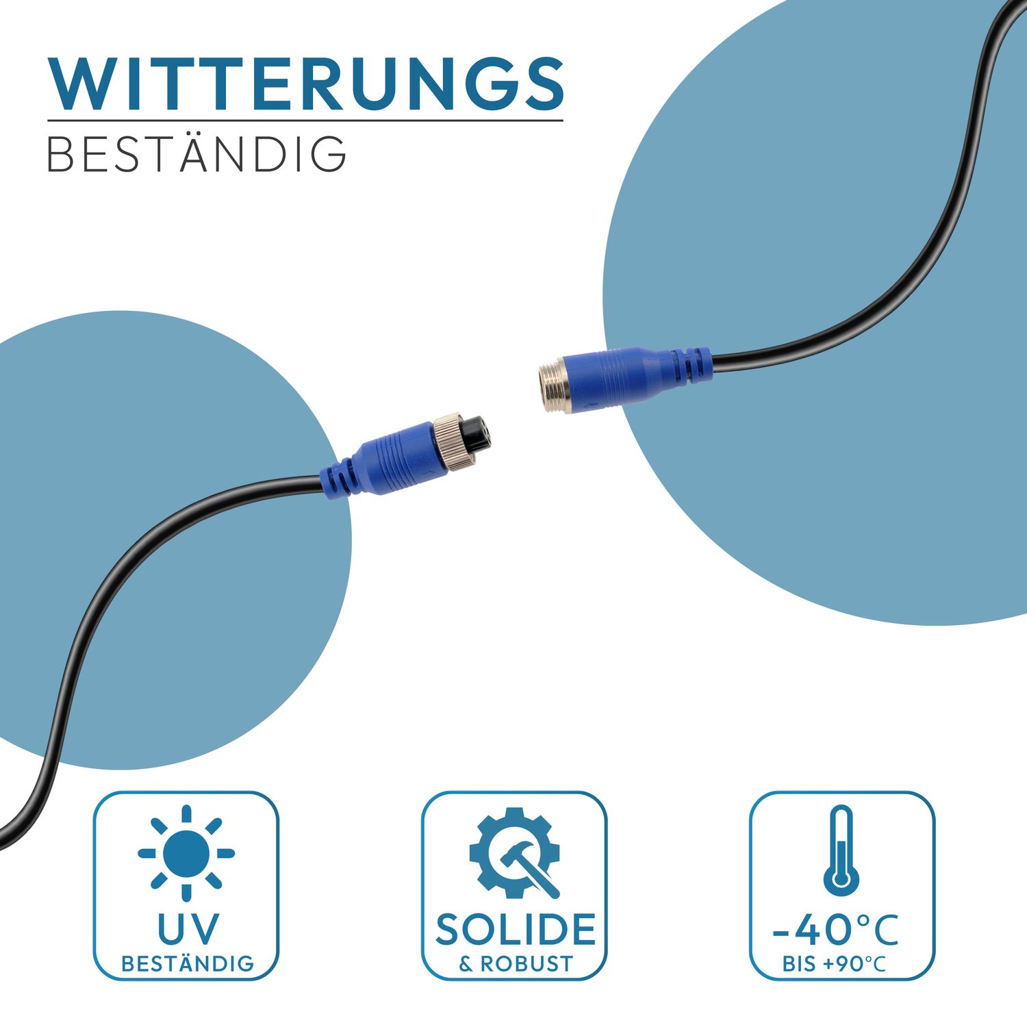 Zwei blau-spitzen Kabel, mit UV-Schutz, robust und Temperatursymbolen.