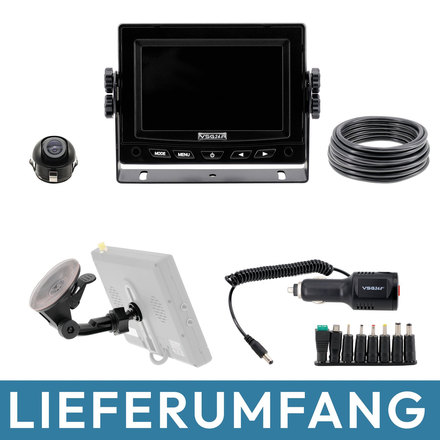 Satz von Autokamera-Systemkomponenten, einschließlich Kamera, Monitor, Kabel und Ladegerät.