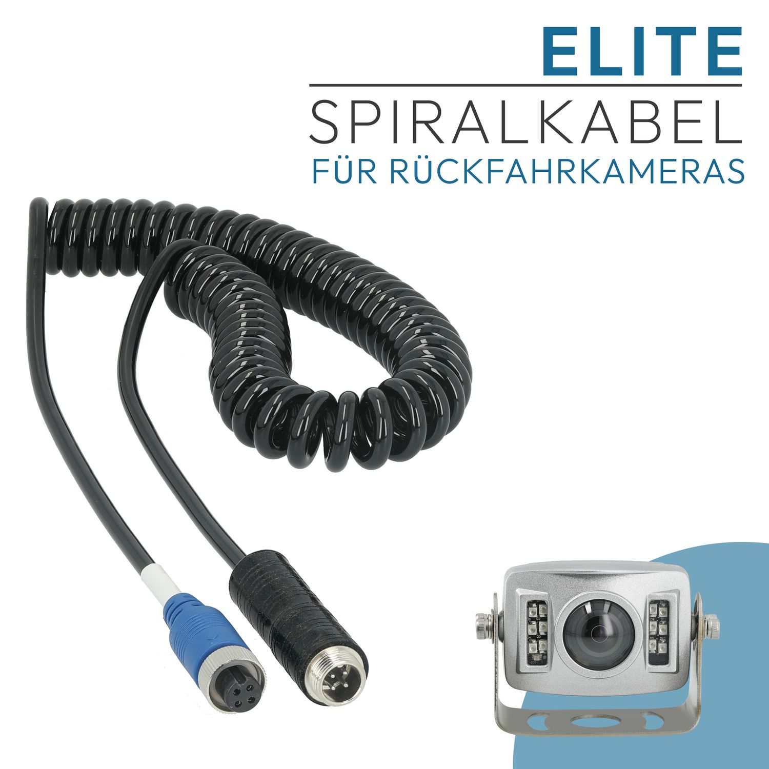 Ein schwarzes Spiralkabel und eine Kamera. Das Kabel hat einen blauen und einen schwarzen Stecker, und die Kamera ist silberfarben.