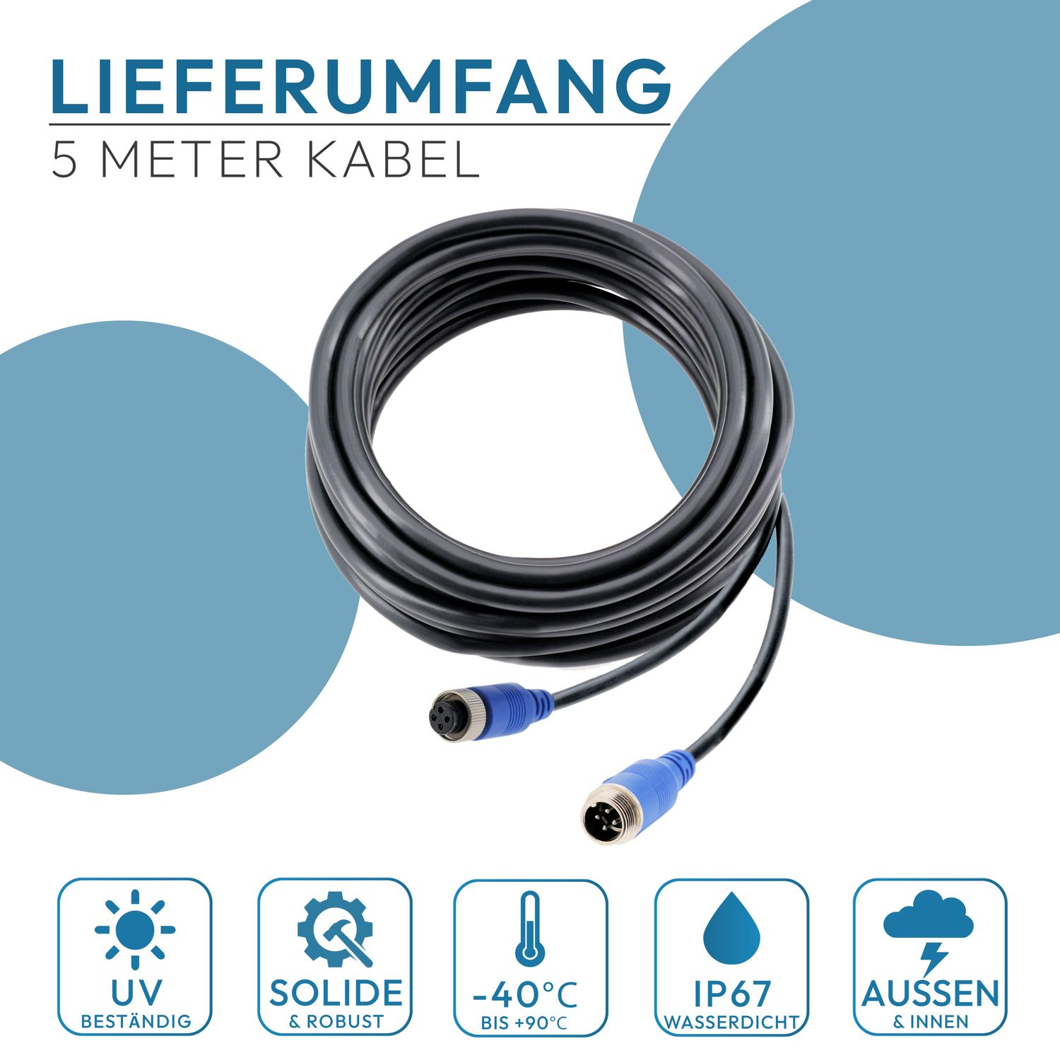 Schwarzes Spiralkabel mit blauen Steckern. Text und Symbole auf blauem Hintergrund.