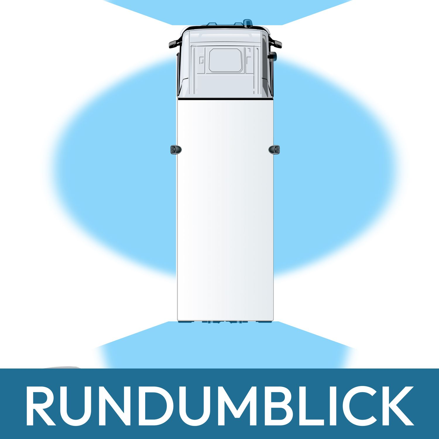 Eine Draufsicht auf einen LKW. Der Text unten lautet 'RUNDUMBLICK'.