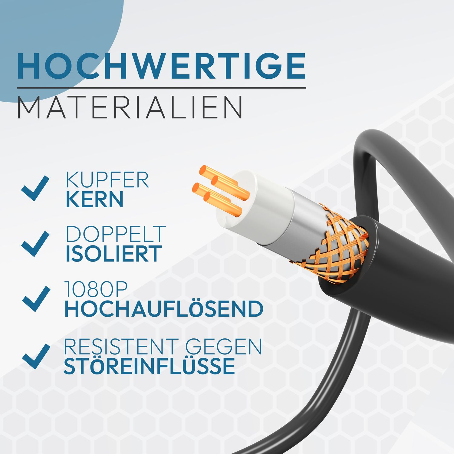 Nahaufnahme eines schwarzen Kabels mit orangefarbenen Drähten. Text hebt Kupferkern, Doppelisolierung hervor.