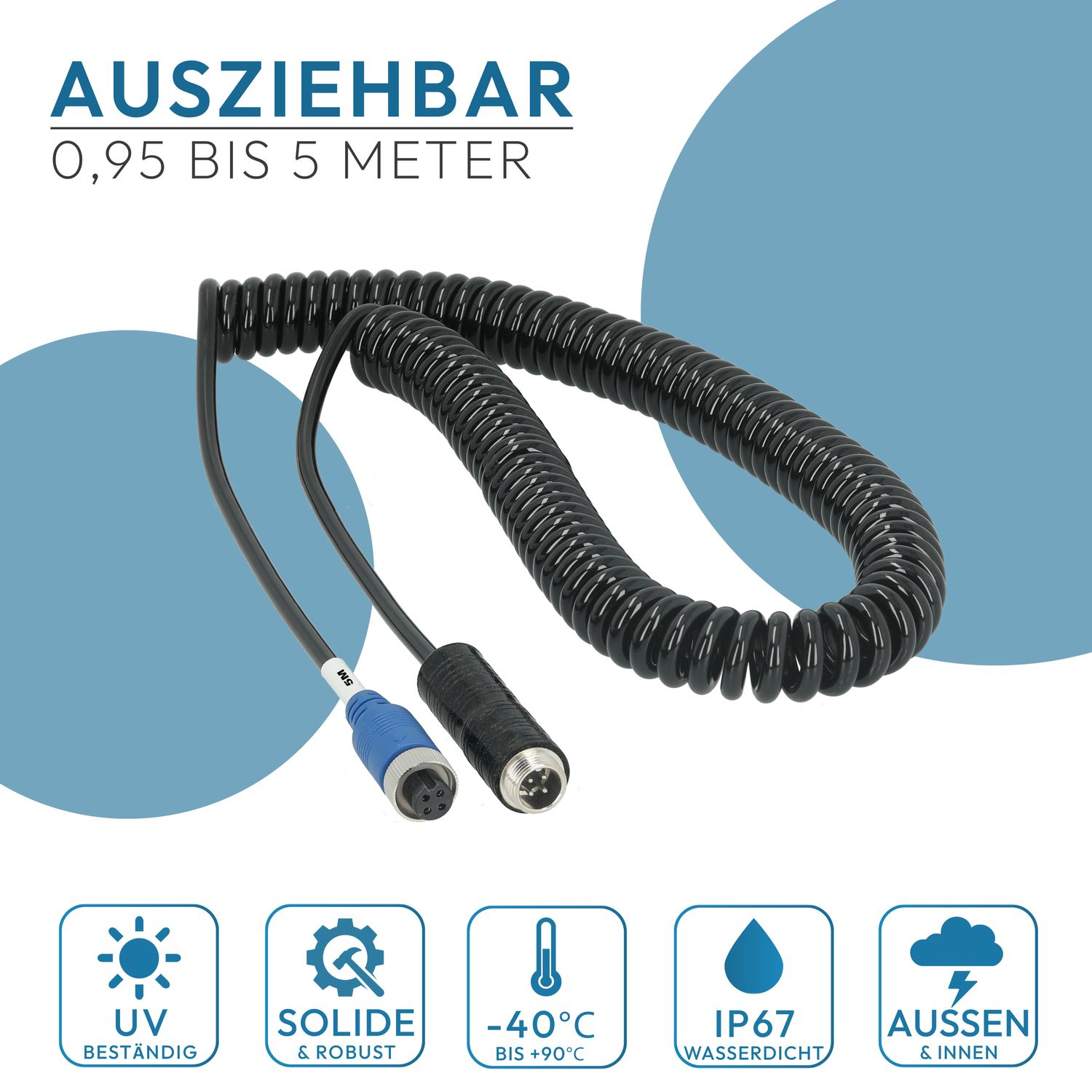 Schwarzes Spiralkabel mit blauen und silbernen Steckern, Textüberlagerung zeigt Merkmale und Abmessungen.