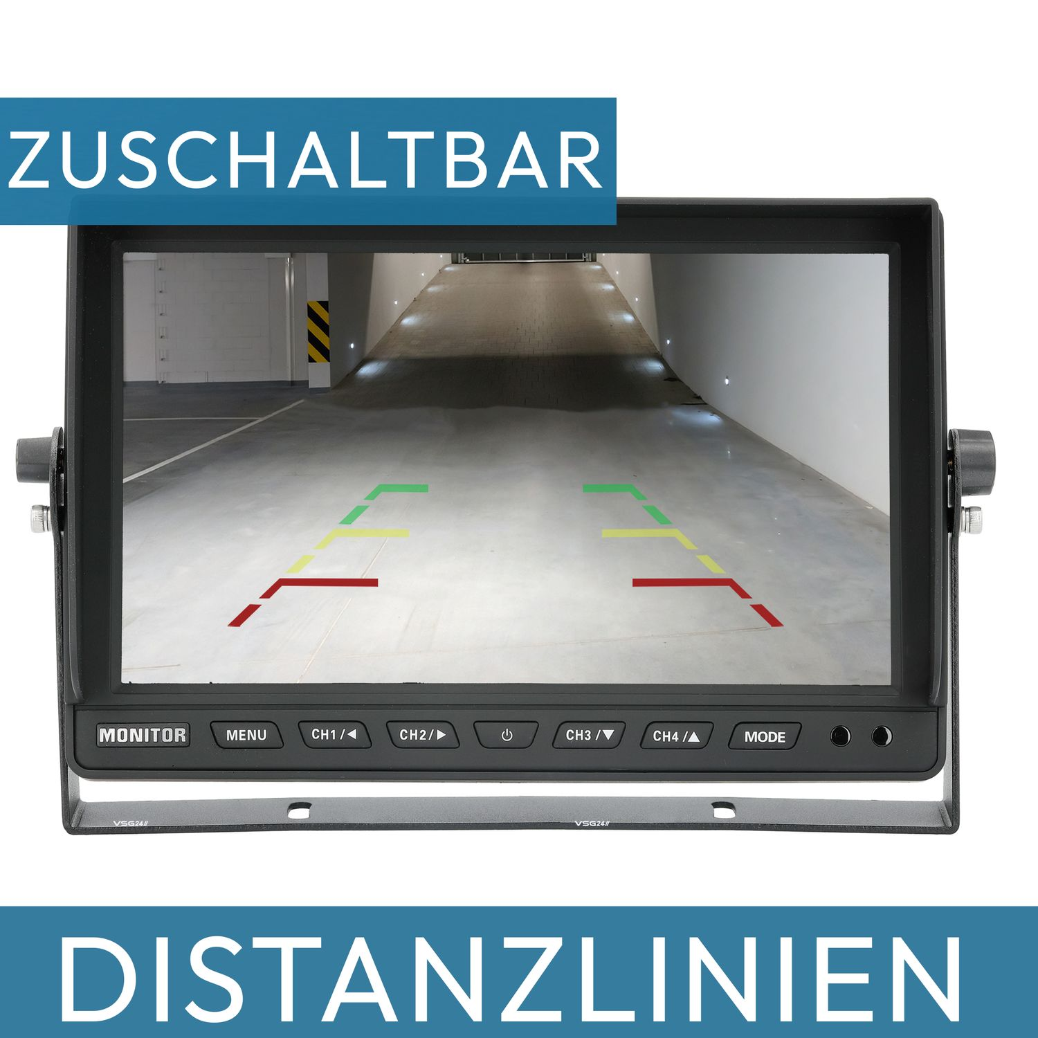 Ein Auto-Monitor, der eine Parkgarage mit Distanzlinien und Bedienknöpfen anzeigt.