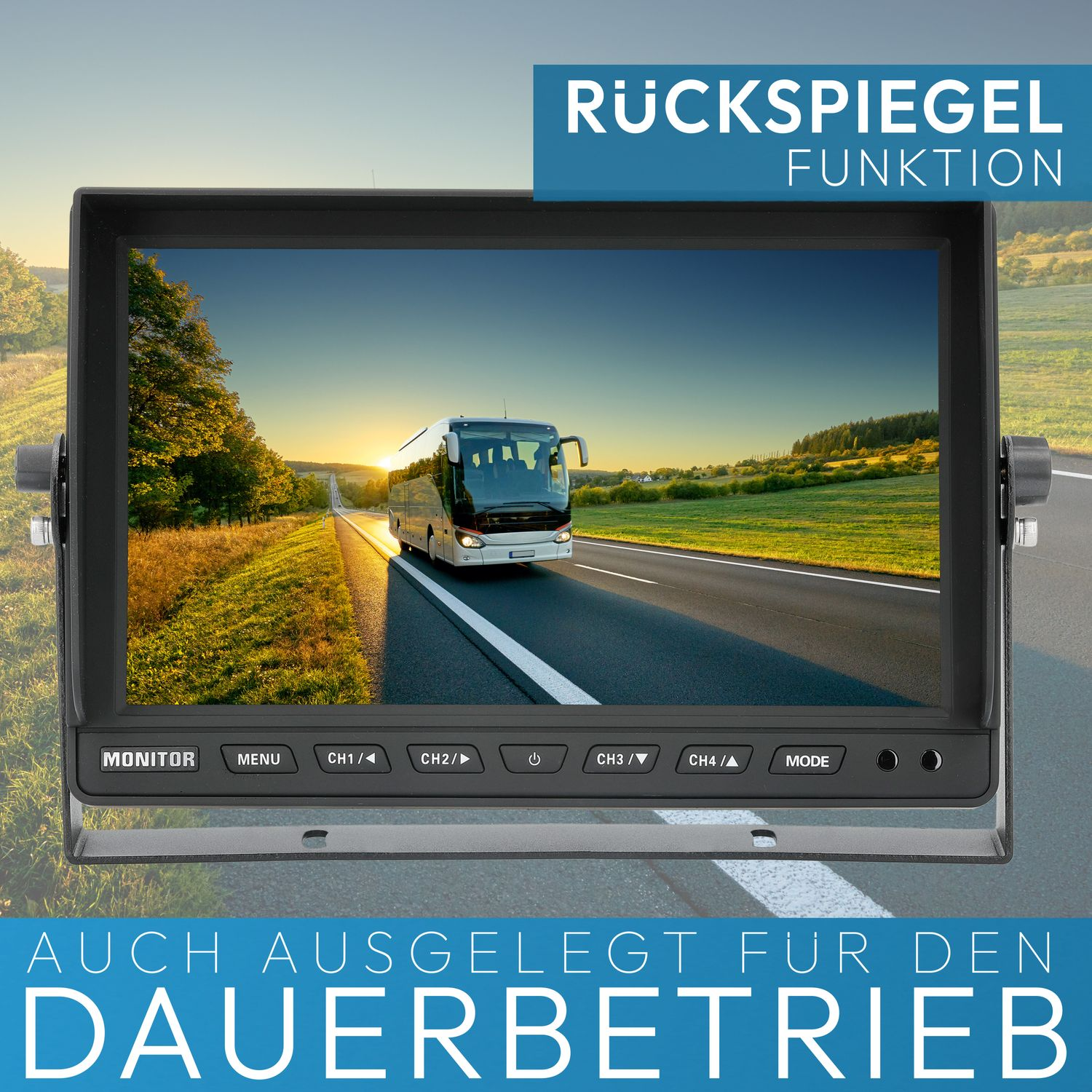 Ein Auto-Monitor zeigt eine Straße mit einem Bus, mit Text oberhalb und unterhalb des Bildschirms.