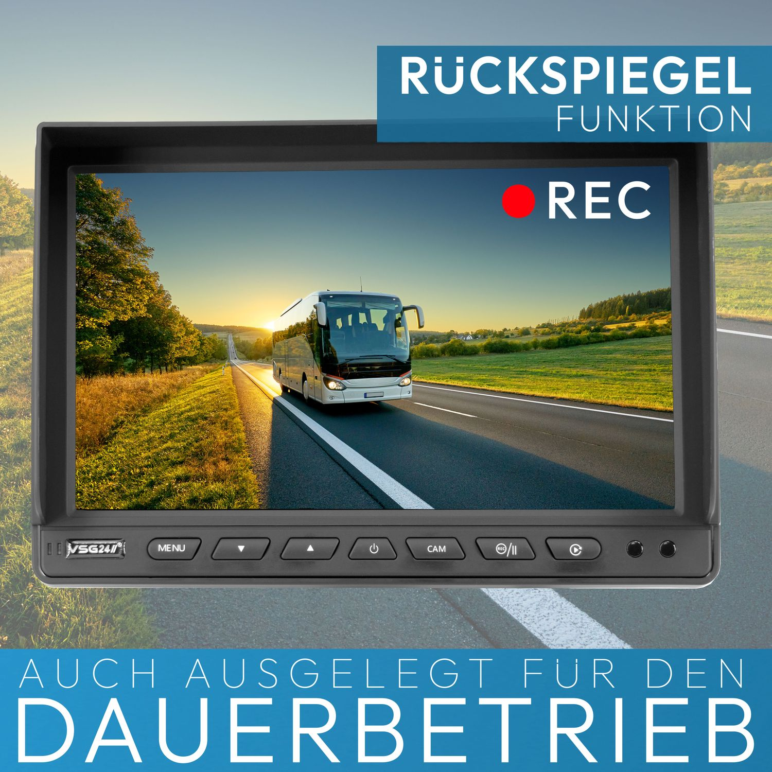 Ein schwarzer Monitor zeigt einen Bus auf einer Straße, mit deutschem Text.
