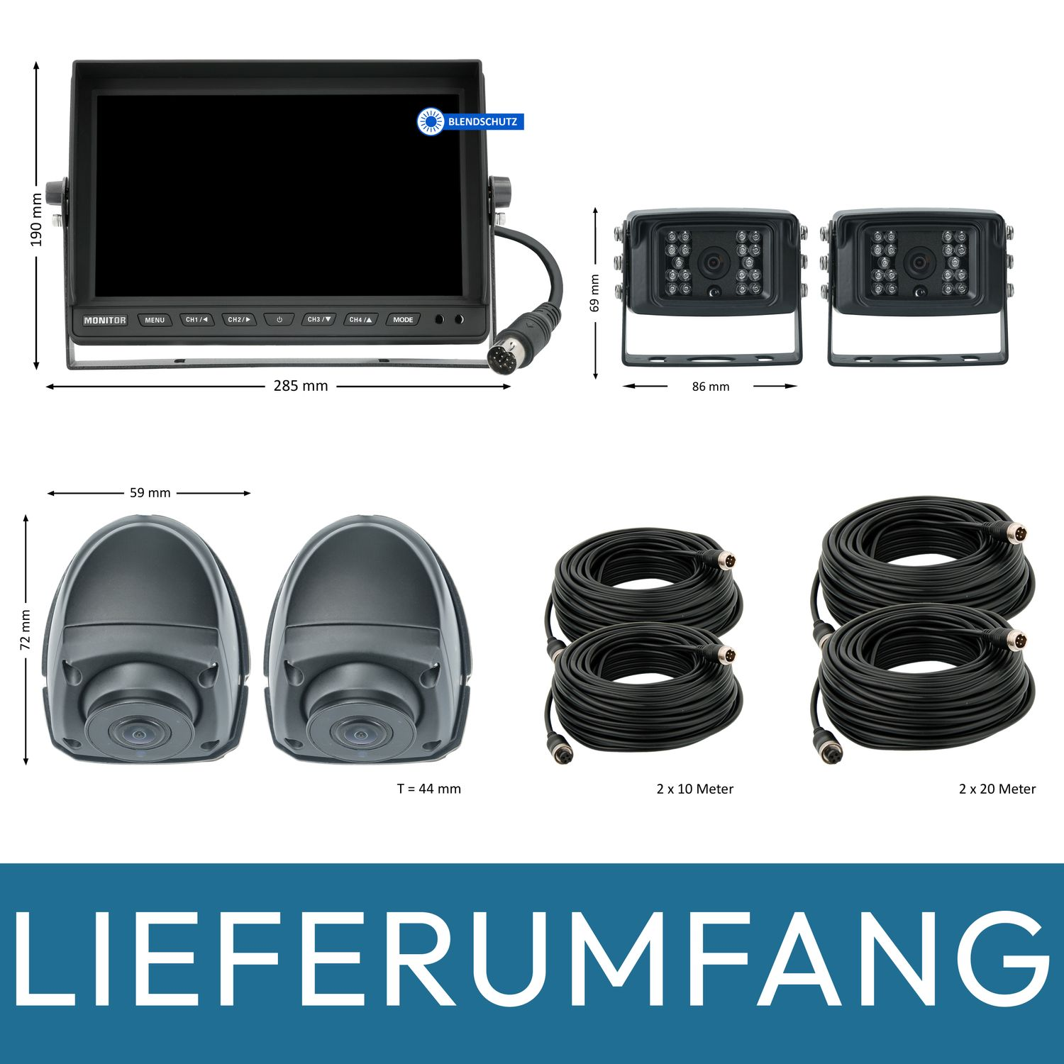 Ein Monitor, Kameras und Kabel mit Abmessungen und Text auf weißem Grund.