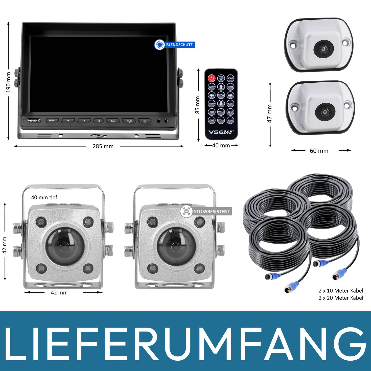 Ein Set aus Monitor, Fernbedienung, Kameras und Kabeln mit Maßen.