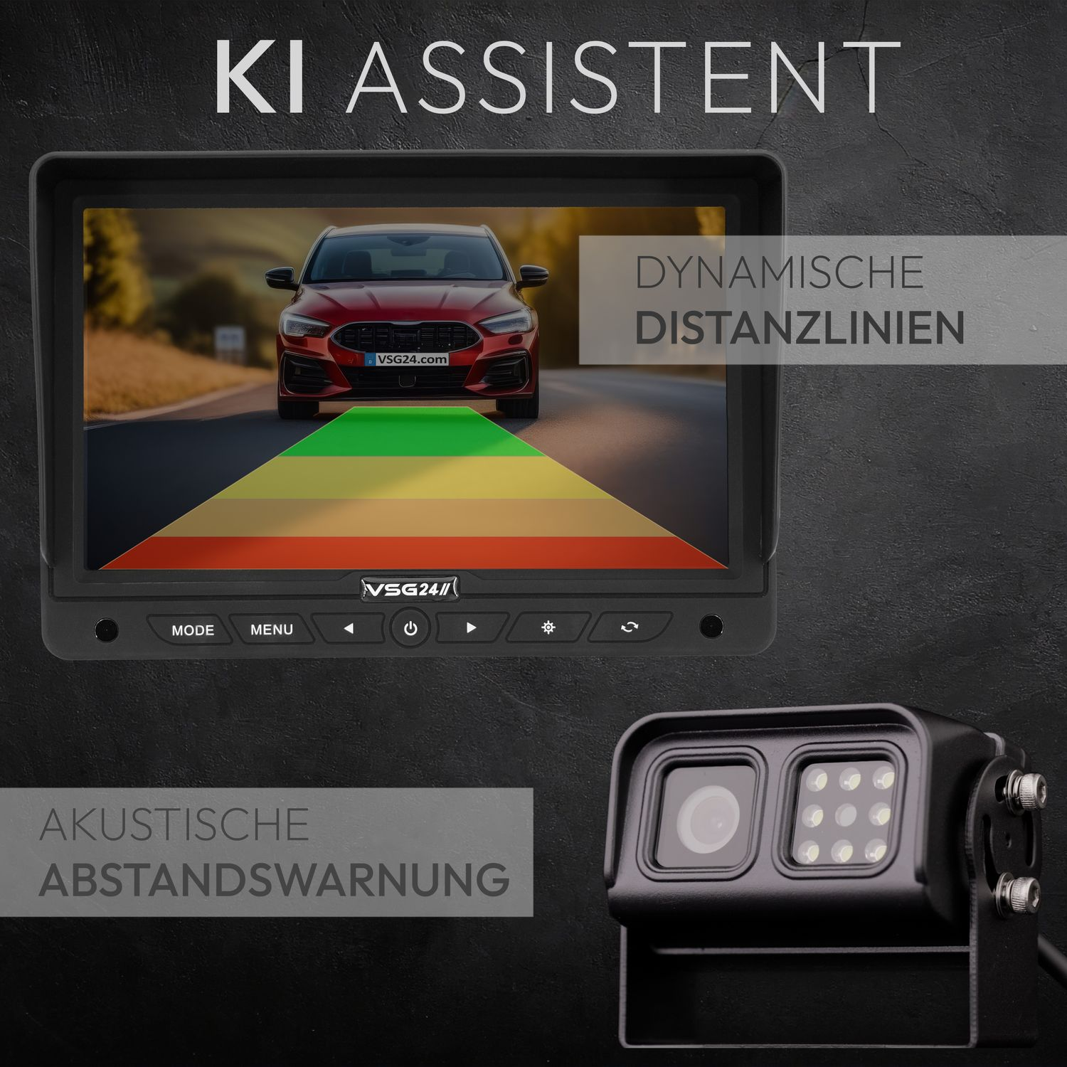 Rückfahrkamerasystem mit dynamischen Abstandslinien und akustischer Warnung.