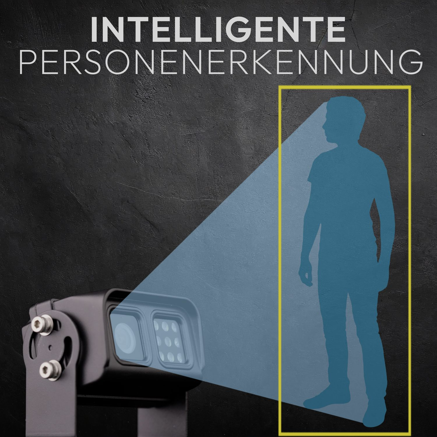 Eine Überwachungskamera mit einer Personenerkennungszone. Die Person ist gelb umrandet.