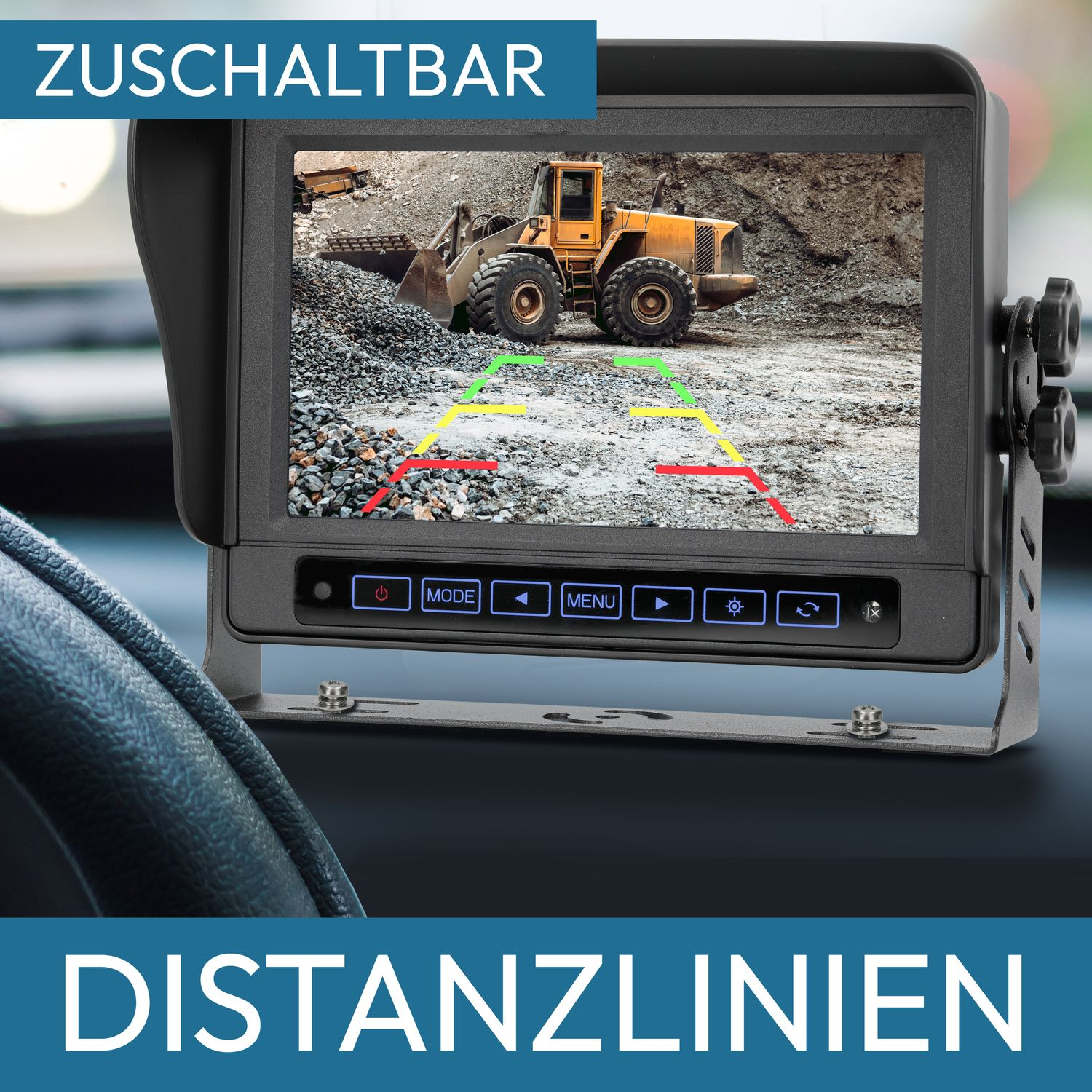 Ein Bildschirm zeigt einen gelben Bagger mit roten, grünen und gelben Linien.