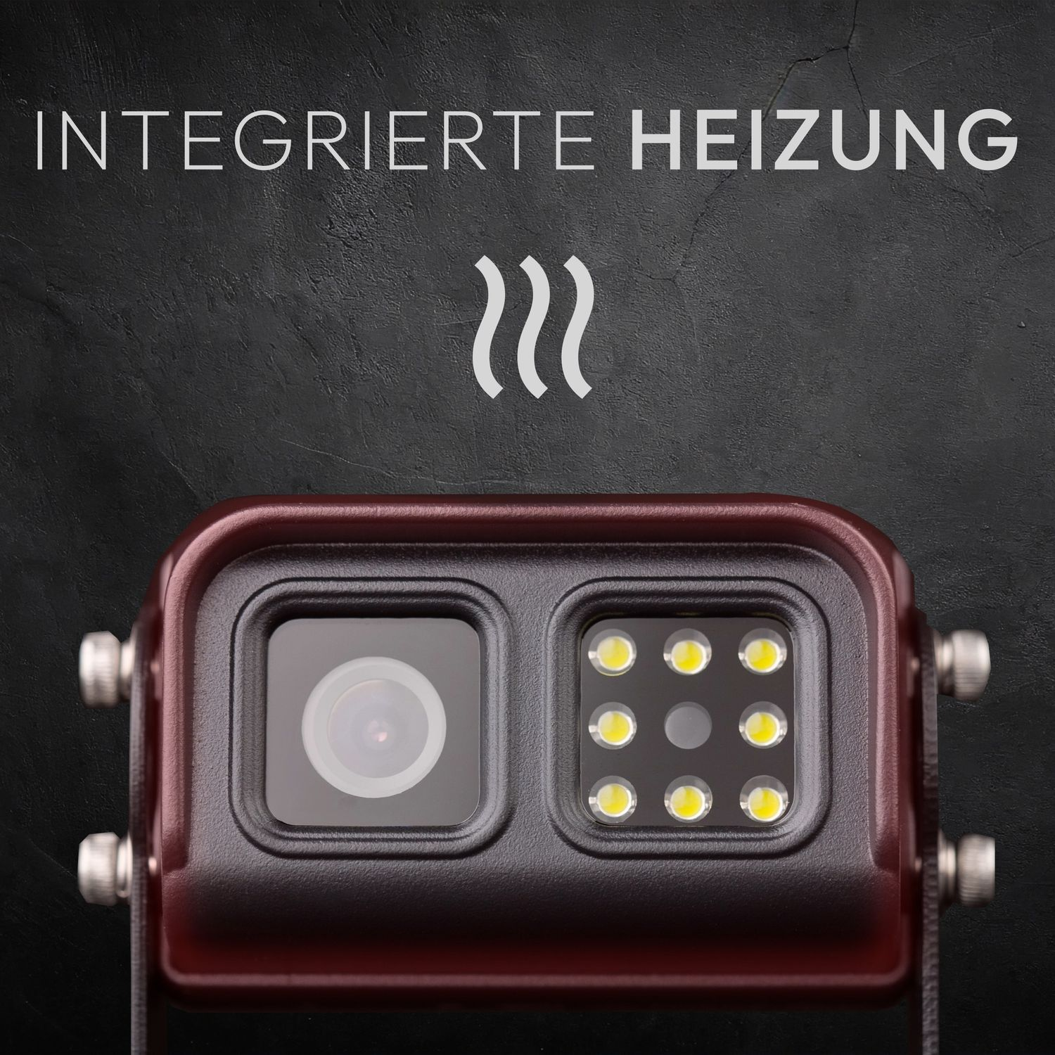 Rote Kamera mit LED-Leuchten. Text: INTEGRIERTE HEIZUNG.