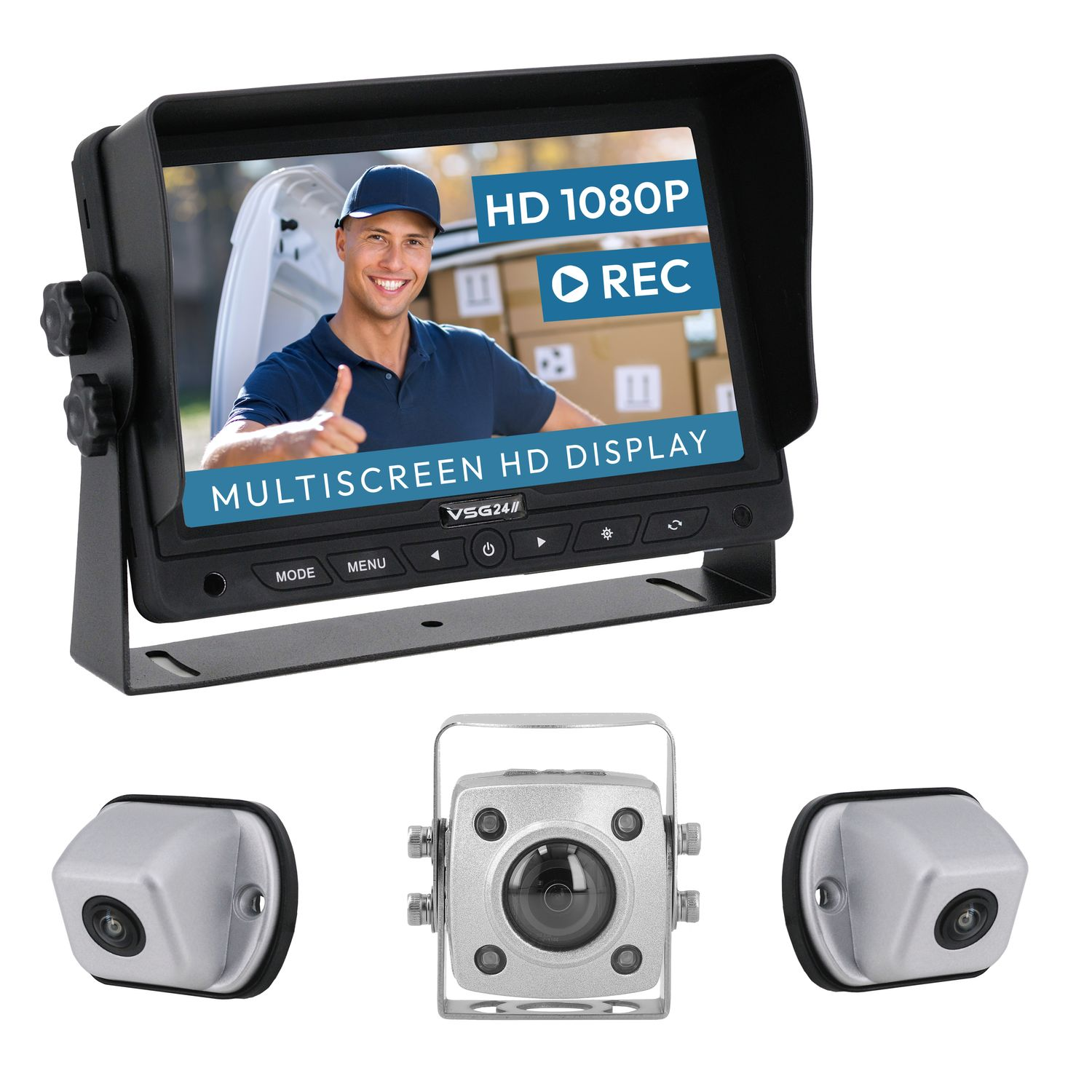 Monitor und Kameras, zeigen eine Lieferperson und HD-Anzeige.